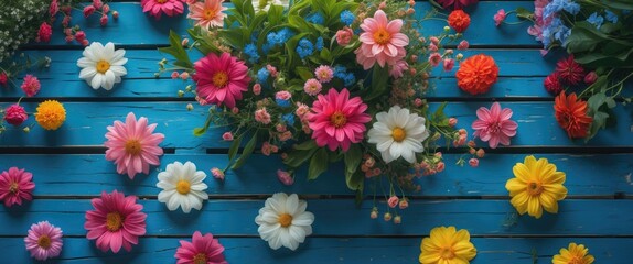 Wall Mural - Colorful Floral Arrangement on Blue Wooden Table Ideal for Background Text Space