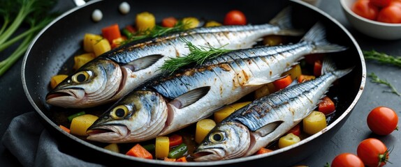 Aufkleber - Grilled Mackerel Fillets with Colorful Vegetables in a Nonstick Pan Garnished with Fresh Herbs and Cherry Tomatoes