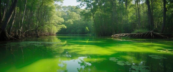 Aufkleber - Lush green water reflecting sunlight in a tranquil lake surrounded by dense foliage creating a serene natural landscape.