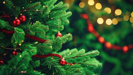 Aufkleber - Christmas tree branches adorned with garlands and ornaments creating a festive atmosphere with soft bokeh lights in the background.