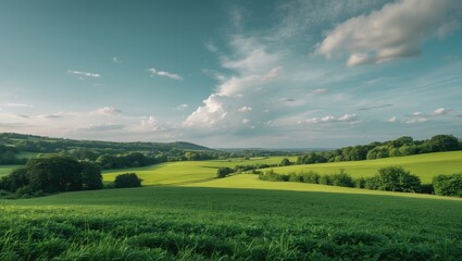 Aufkleber - Lush Green Rolling Hills Under Clear Blue Sky Nature Landscape with Ample Space for Text or Branding Usage