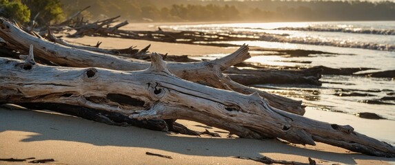 Poster - Driftwood Lying On Sandy Riverbank At Sunrise With Gentle Waves And Soft Light Highlighting The Natural Landscape