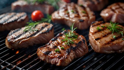 Poster - Grilled Meat Varieties on Barbecue with Fresh Herbs and Empty Space for Text Display