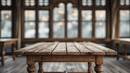 Poster - Wooden Table in a Cozy Setting with Soft Focus Background Ideal for Mock Up Design and Product Display.