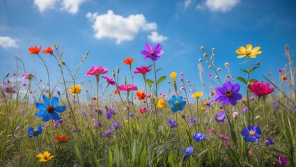 Poster - Vibrant Grassland Scene Featuring Colorful Wildflowers Against a Blue Sky with Soft Clouds Ideal for Nature and Spring Themes