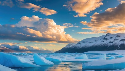 Poster - Majestic Golden Clouds and Blue Sky Over Icy Landscape and Mountains with Reflection and Space for Text in Scenic Natural Setting