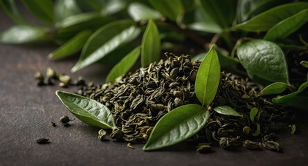 Poster - Green Tea Leaves Piled On Wooden Surface With Fresh Leaves And Empty Space For Text In Organic Natural Setting