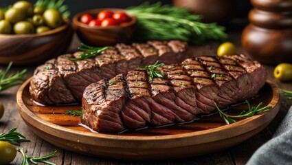 Aufkleber - Grilled Beef Steak on Wooden Plate with Fresh Vegetables and Olives in Background Gourmet Culinary Presentation with Space for Text