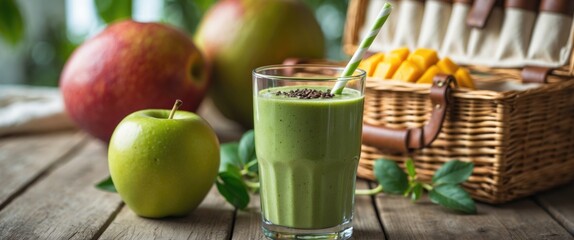 Poster - Refreshing Green Smoothie With Straw Surrounded By A Green Apple And Mangoes Next To A Picnic Basket On A Wooden Table