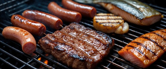 Poster - Grilled Assortment of Sausages, Steak, and Fish on a Barbecue Grill Ready for Serving