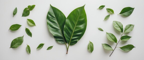 Poster - Lush Green Leaves Arrangement on White Background for Natural Product Displays and Minimalist Designs with Copy Space for Text.
