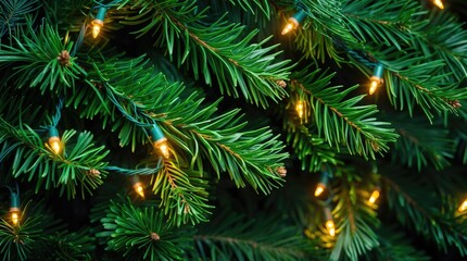Poster - Pine branches adorned with warm glowing lights creating a festive Christmas atmosphere perfect for holiday backgrounds and decorations.