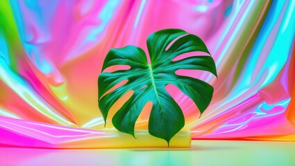 Poster - Vibrant Monstera Leaf Against Colorful Neon Gradient Background Tropical Summer Aesthetic Design Element Place For Text Copy Space