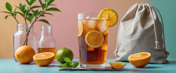 Wall Mural - Iced tea with citrus fruits in a glass surrounded by fresh fruit and green leaves on a colorful background with space for text.