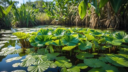 Fototapete - Vibrant Green Water Plant Leaves in Tropical Pond With Sunlight and Reflections Natural Wetland Scene Ideal for Nature Backgrounds