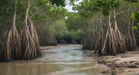 Poster - Mangrove Trees Along a Serene Riverbank with Root Systems and Muddy Shoreline Offering Copy Space for Nature-Themed Text