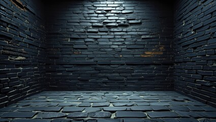 Poster - Grunge texture of an empty dark brick wall interior with dramatic lighting and a rustic stone floor creating a moody atmosphere.