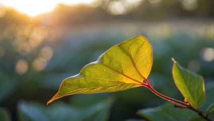 Poster - Leaf Close-Up Illuminated by Warm Afternoon Sunlight with a Soft Bokeh Background for Nature and Botanical Themes