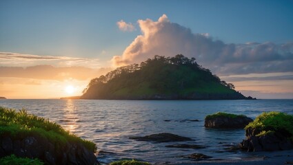 Poster - Tranquil Sunrise Over Island Surrounded By Calm Waters And Lush Greenery In Early Morning Light