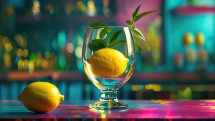 Poster - Fresh Lemon Inside a Glass with Green Leaves and Bright Background Decor Elements