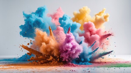 Poster - Vibrant explosion of colored powder creating a dynamic and colorful cloud against a white background for creative projects and designs.