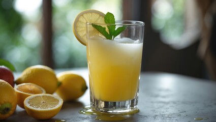 Aufkleber - Refreshing Lemonade with Fresh Lemons on Table Garnished with Mint Leaves in Bright Natural Light
