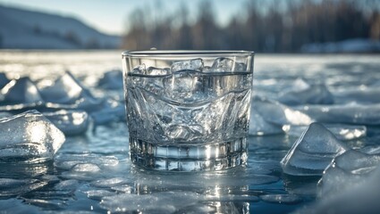 Aufkleber - Crystal Glass Filled with Ice on a Frozen Surface Reflecting Winter Sunlight