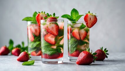 Aufkleber - Refreshing Strawberry Mojito Cocktails Garnished With Fresh Mint And Strawberries On Light Background With Space For Text