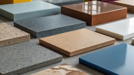 Poster - Variety of colorful solid surface samples for modern furniture design showcasing textures and finishes for interior applications