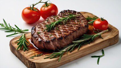 Aufkleber - Juicy Grilled Beef Steak Served on Wooden Board Adorned with Fresh Tomatoes and Rosemary for Gourmet Presentation and Culinary Delight