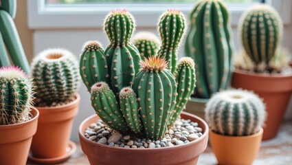 Fototapete - Vibrant Collection of Green Cacti and Succulents in Cozy Indoor Pots with Decorative Stones and Natural Lighting