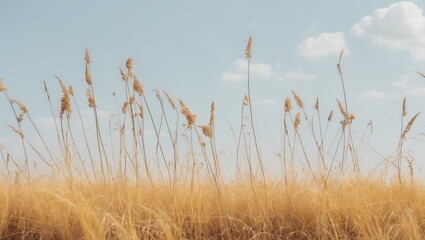 Poster - Tall Yellow Wild Grass Against A Soft Blue Sky With Clouds Ideal For Nature Themed Designs And Empty Space For Text Overlay