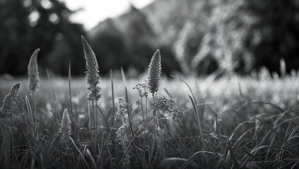 Poster - Black and white grass field with nature background emphasizing texture and depth in a serene outdoor setting