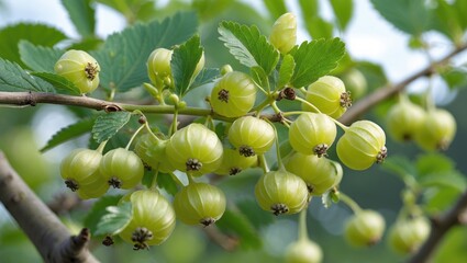 Poster - Ripe green star gooseberries hanging on tree branches with lush green leaves under natural light.