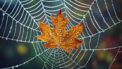 Poster - Autumn leaf adorned with dewdrops resting on a delicate spiderweb creating a serene natural composition in early morning light.