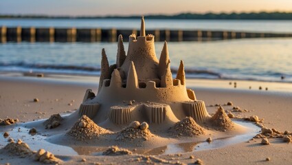Poster - Sand Castle on Tranquil Beach with Ocean Background and Clear Space for Text Overlay
