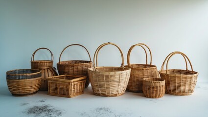 Poster - Diverse Collection of Empty Wicker and Bamboo Baskets on a Light Background Ideal for Home Decor or Creative Projects