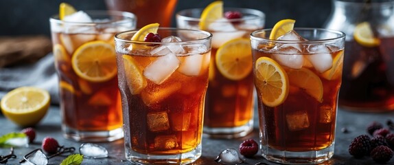 Aufkleber - Refreshing Iced Tea Glasses with Lemon and Berries Served on a Dark Background, Perfect for Summer Drink Promotions and Copy Space