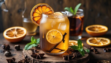 Aufkleber - Iced tea garnished with dried orange slices and fresh mint on a rustic wooden surface surrounded by citrus and spices.