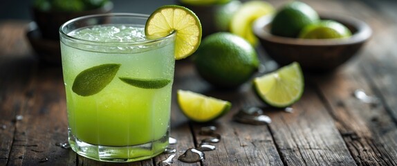 Aufkleber - Refreshing lime juice served in a glass on a rustic wooden table with fresh limes, ideal for tropical drink promotions and summer inspiration.