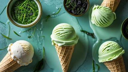 Poster - Refreshing Green Tea Ice Cream in Waffle Cones with Matcha Garnish on a Colorful Surface