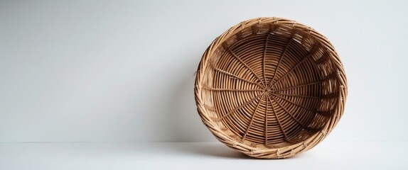 Poster - Empty Circular Bamboo Wicker Basket with Textured Weave Isolated on White Background Ideal for Creative or Advertising Use