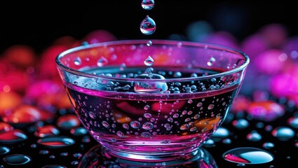 Aufkleber - vibrant water droplets suspended above a reflective glass bowl with colorful blurred background crea