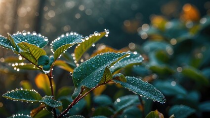 Poster - Morning Dew Refreshing Leaves Glistening in Soft Light Nature Close-Up Background