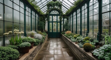 Aufkleber - Historic greenhouse interior with glass walls showcasing lush greenery and polished stone pathways creating a serene botanical atmosphere.