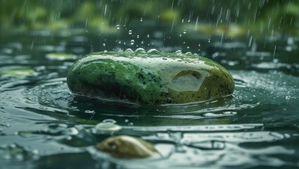 Aufkleber - Green stone resting in serene water amidst falling rain droplets creating a tranquil and refreshing natural atmosphere