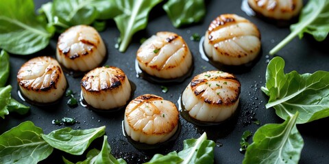 Poster - Grilled Scallops on a Bed of Fresh Salad Leaves with Blank Space for Culinary Text or Branding