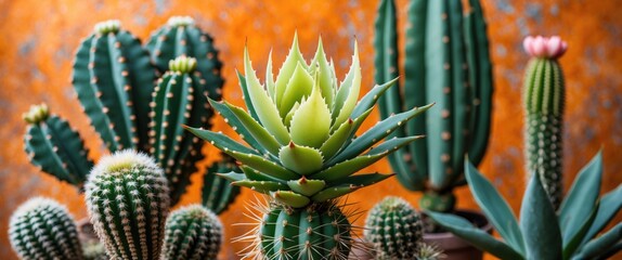 Poster - Vibrant Succulent and Cactus Arrangement Against Colorful Orange Background with Copy Space for Text or Design Elements