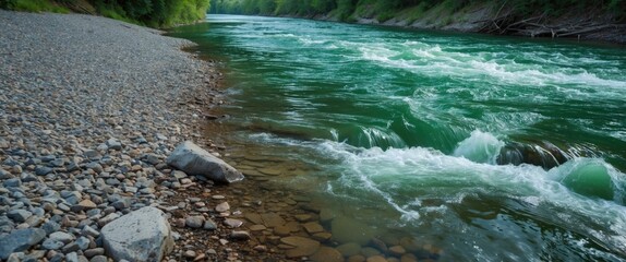 Poster - Serene Riverbank Scene Featuring Gravel Shores and Lush Green Waters Under Bright Natural Light