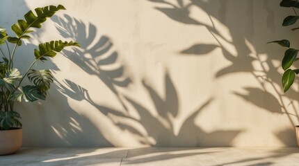 Poster - Shadows of tropical leaves on a cream wall creating a minimalistic abstract background ideal for product presentation in spring and summer.